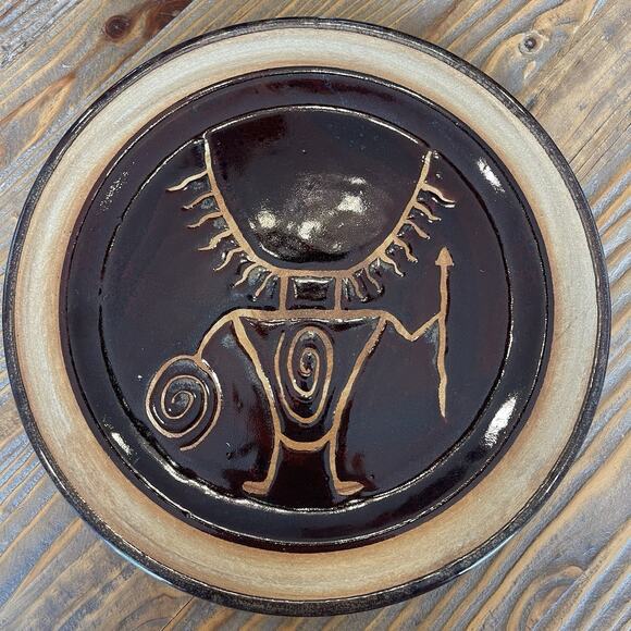 Tribal Man Warrior 10” Plate By Moki Studio Art Pottery Moab Utah Ready 2 Hang - Picture 2 of 7